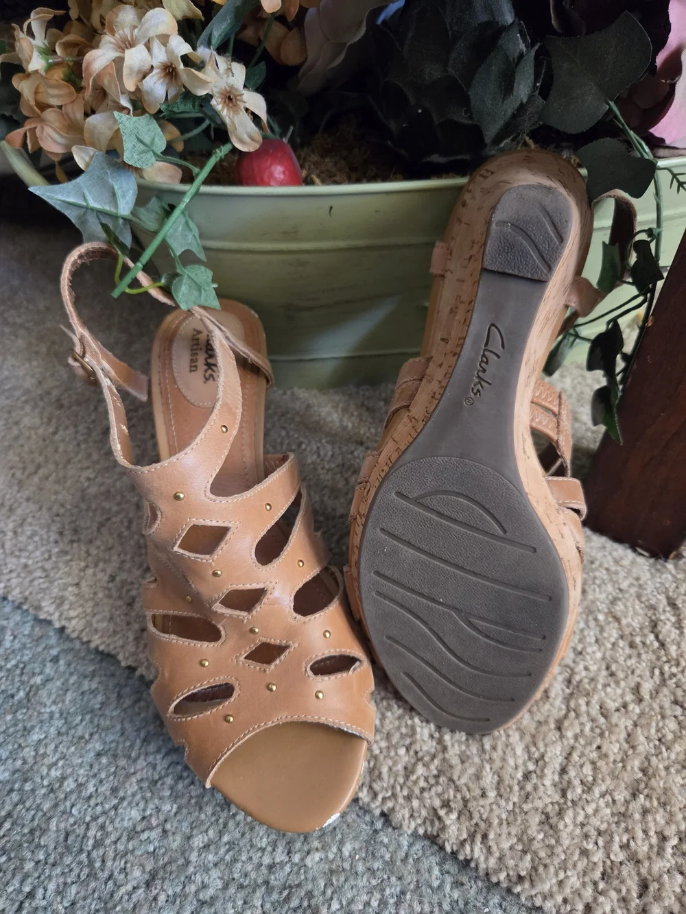 Clarks Women’s Tan Suede Cutout Wedge Sandals